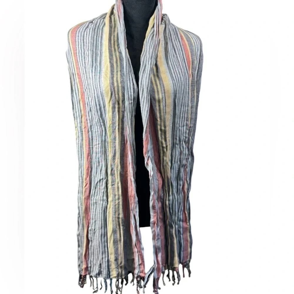 Kate Landry Striped Scarf Multicolor Yellow Red Gray Fringe Viscose 28x70